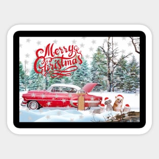 Red Car, Cats and Dogs Merry Christmas with Snowflakes Sticker